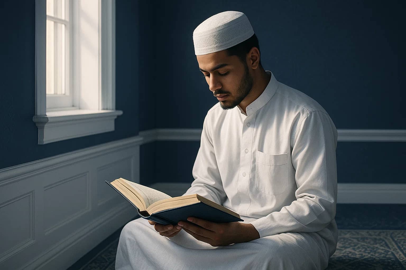 Man reciting the Quran from an open mushaf at home