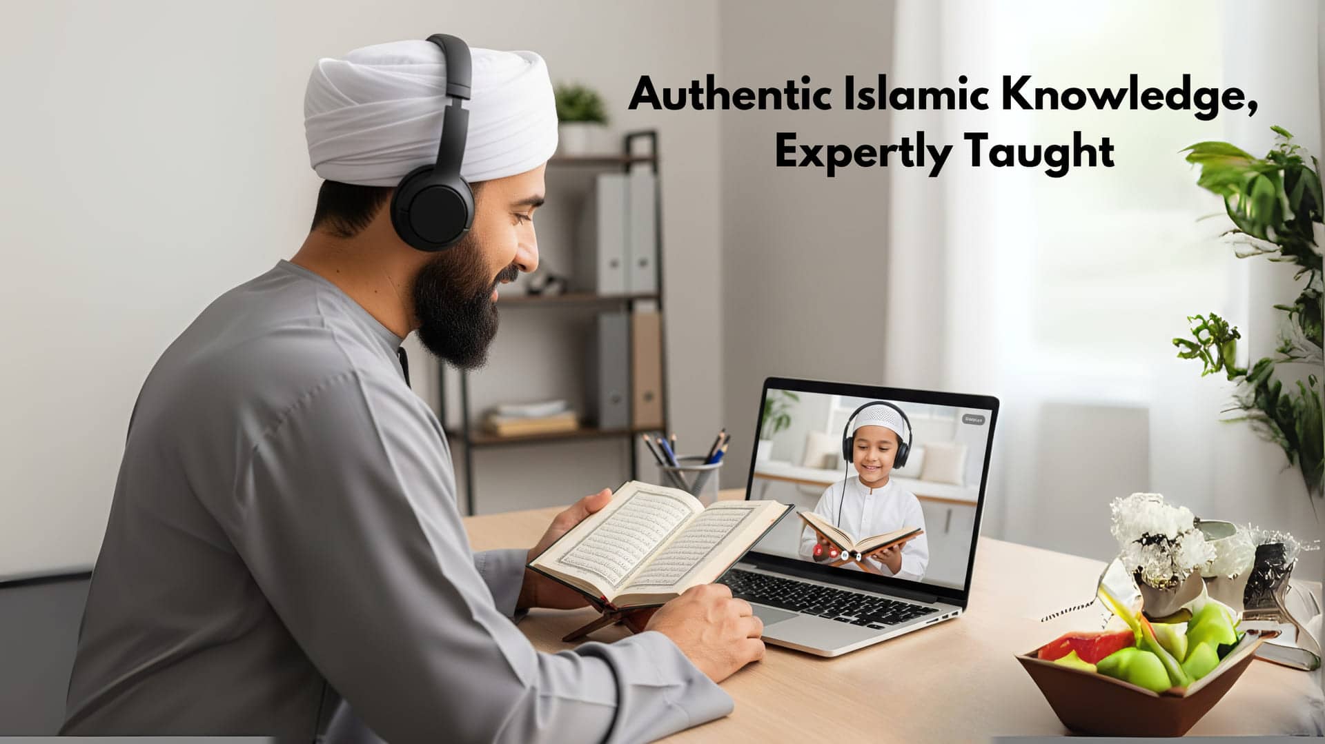 Online Quran teacher giving a live one-to-one video lesson