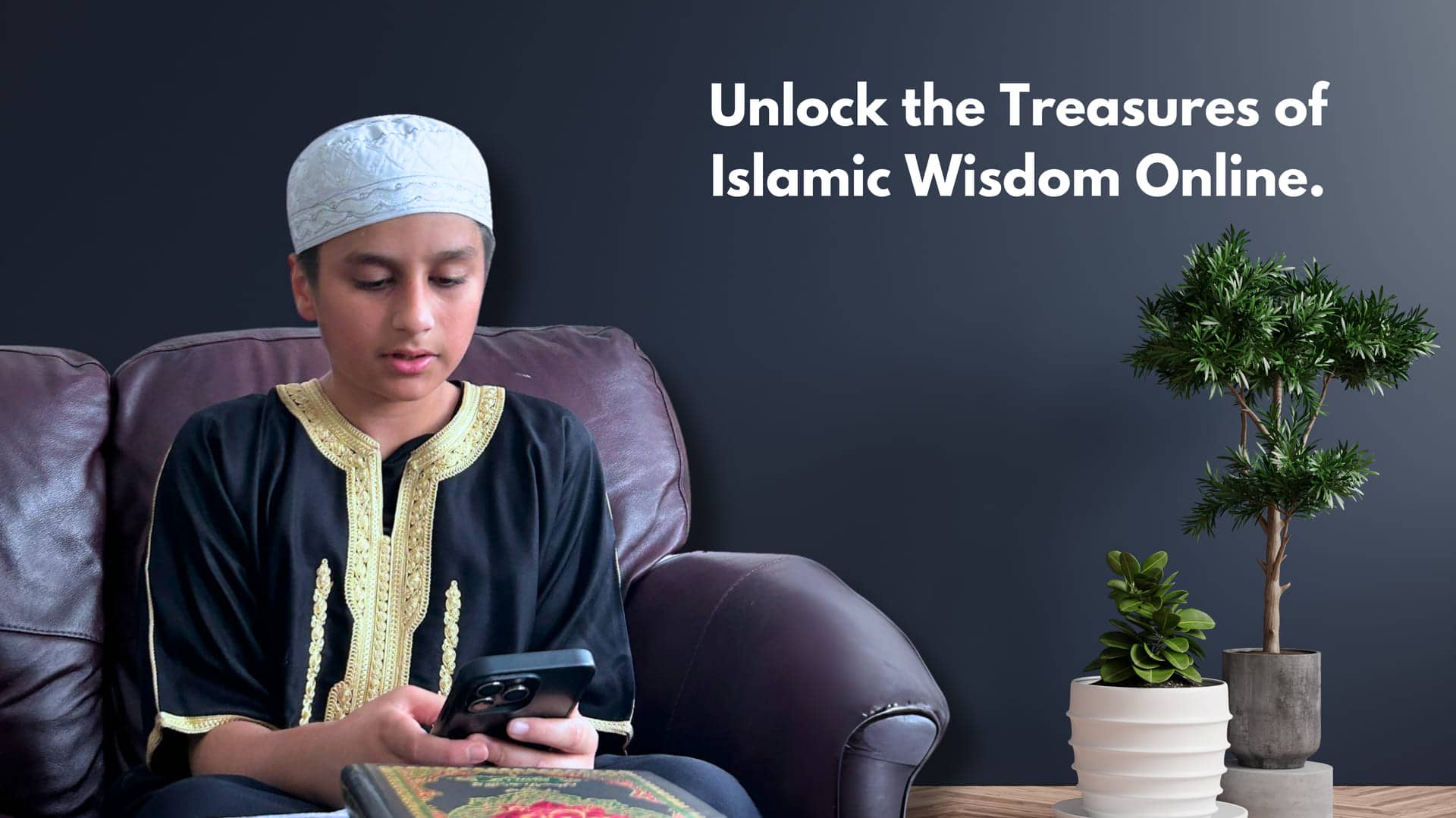 Student reading the Quran on a smartphone during an online lesson