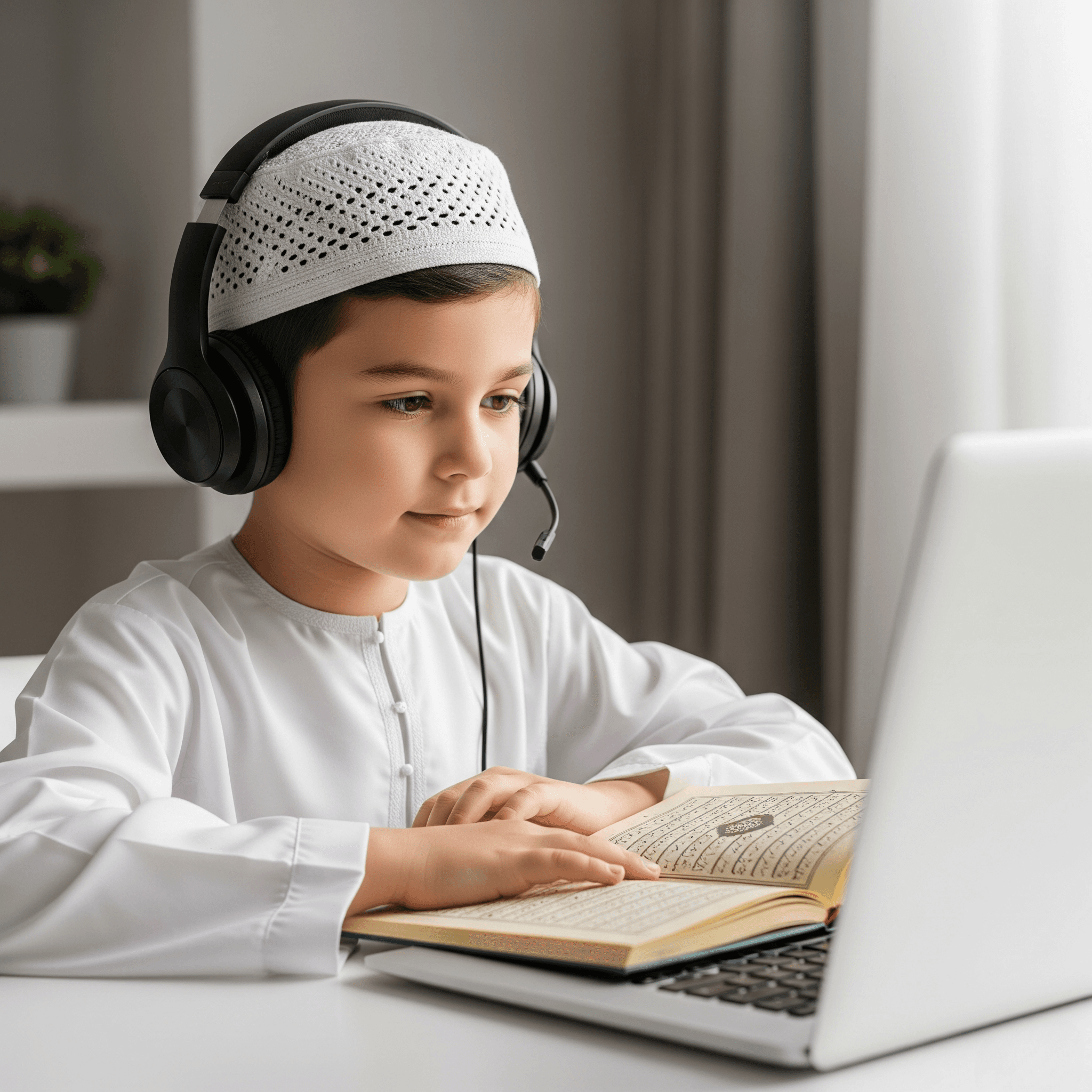 Boy wearing a headset during a one-to-one online Quran lesson