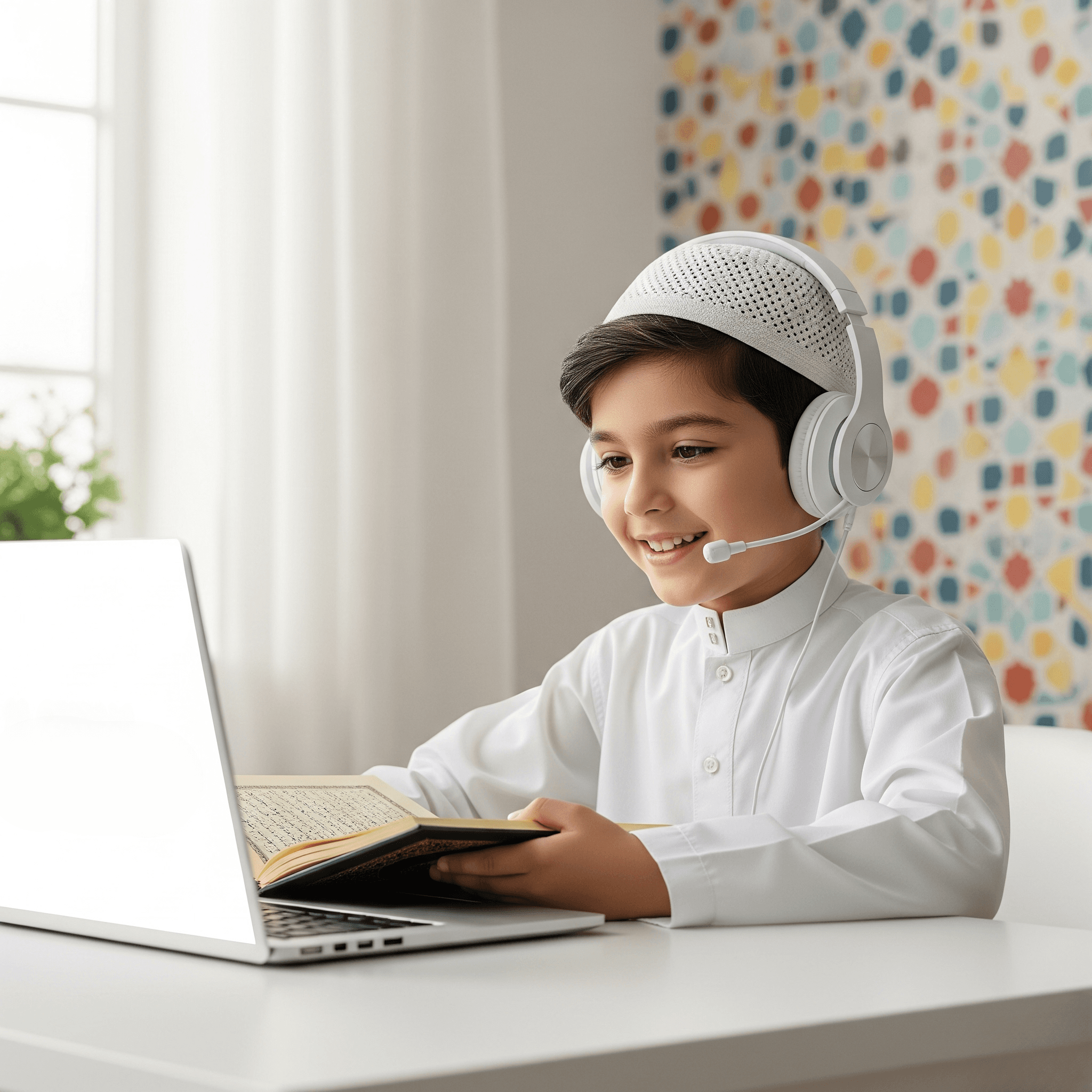 Smiling child attending an online Quran class