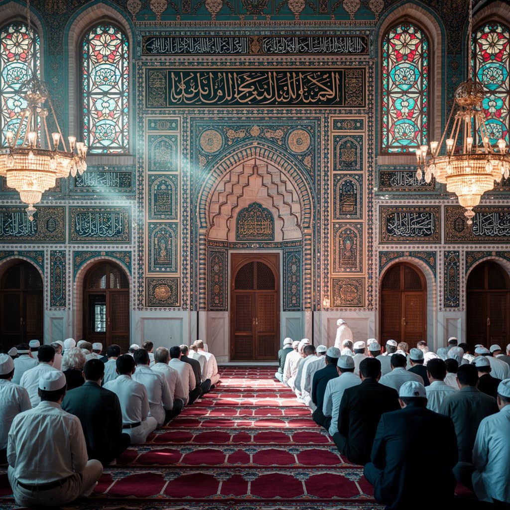 Worshippers offering congregational prayer inside a mosque