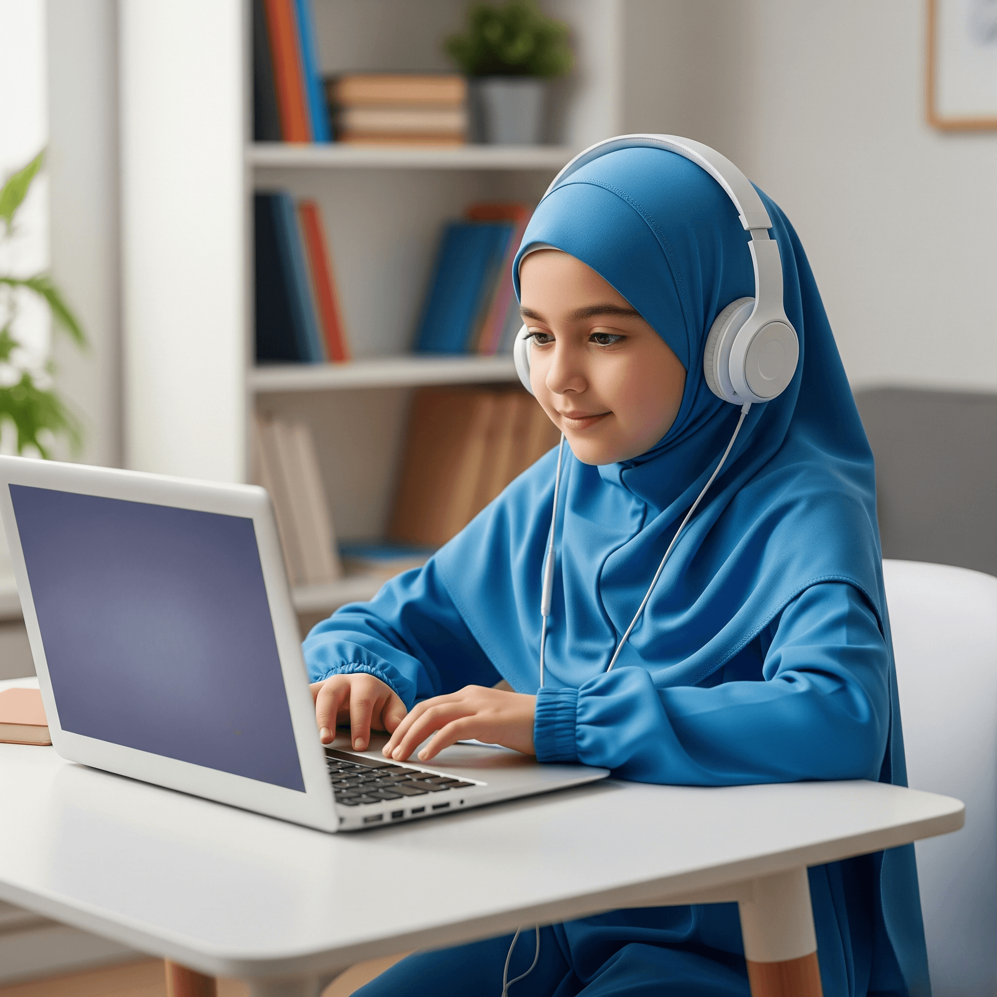 Girl studying the Quran online with her teacher on a laptop