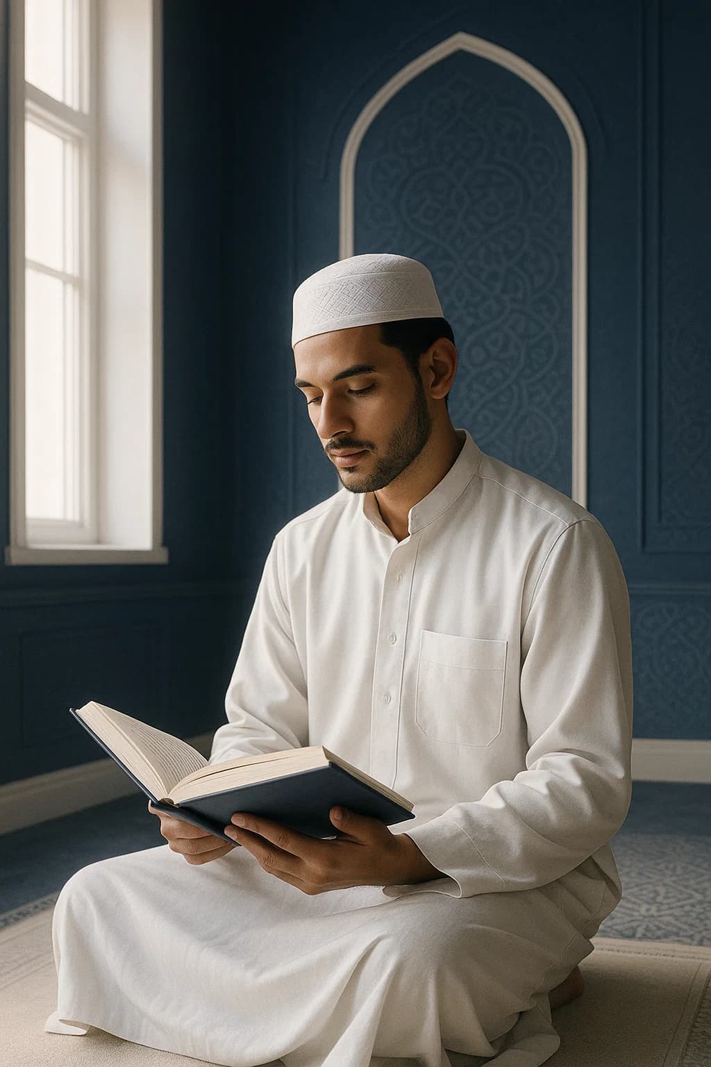 Man reading the Quran from a wooden rehal inside a mosque