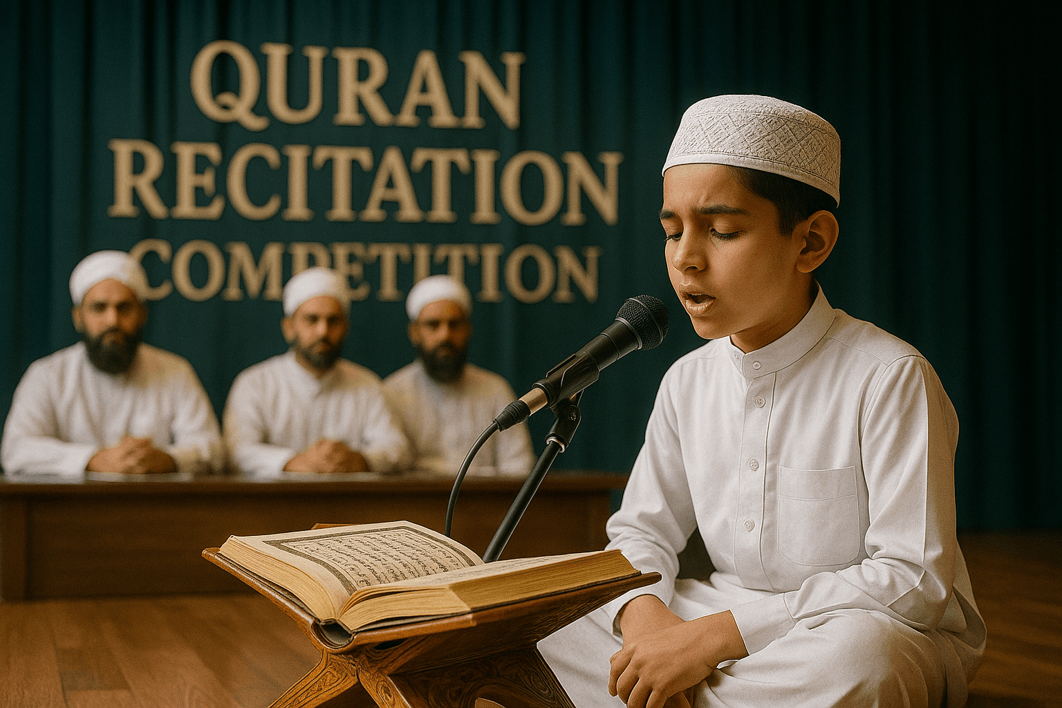 Quran recitation competition on stage with participants and judges seated in front of the audience